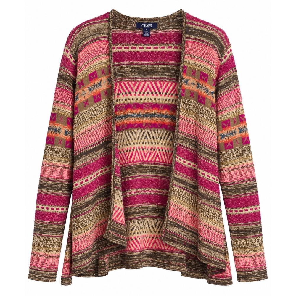 Chaps Denim Cardigan XL Pink Southwestern Cotton Linen Open Front Sweater